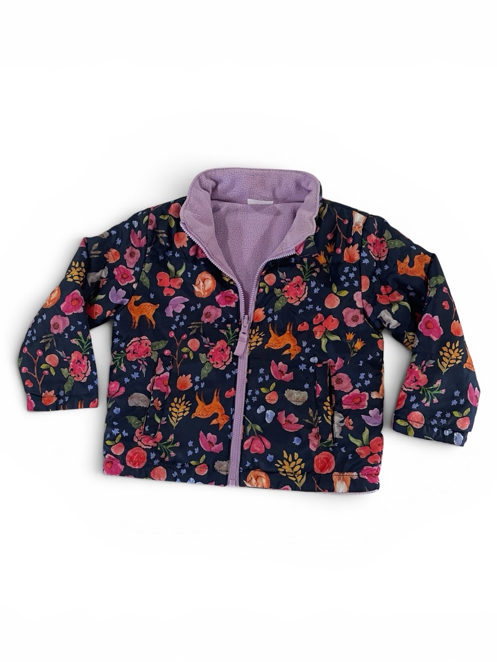 Girls 2T Floral & Fox Navy Zip Puffer Jacket with Lavender Lining